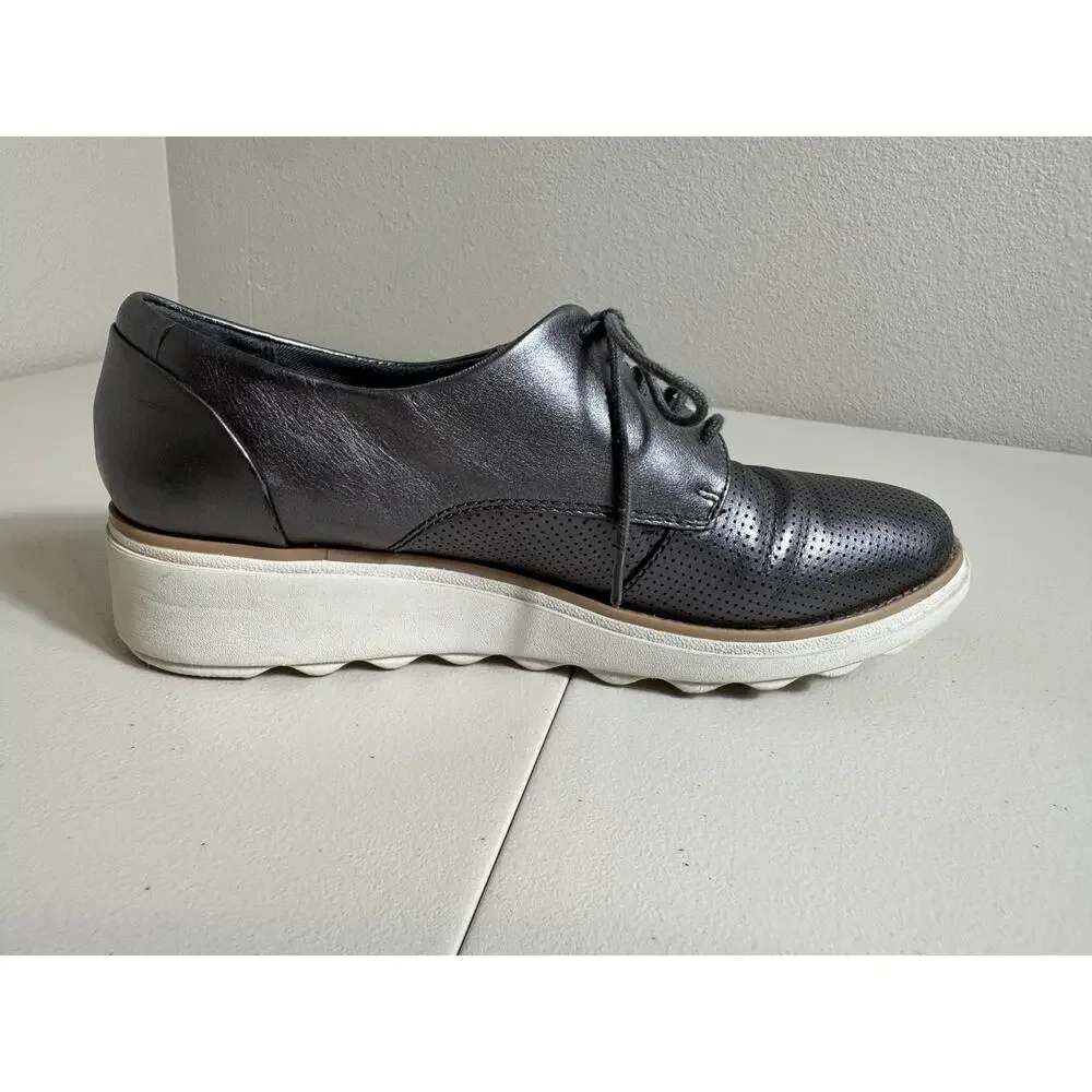 Clark's Collection Sharon Crystal Oxford wedge silver gray leather shoes Sz 8.5